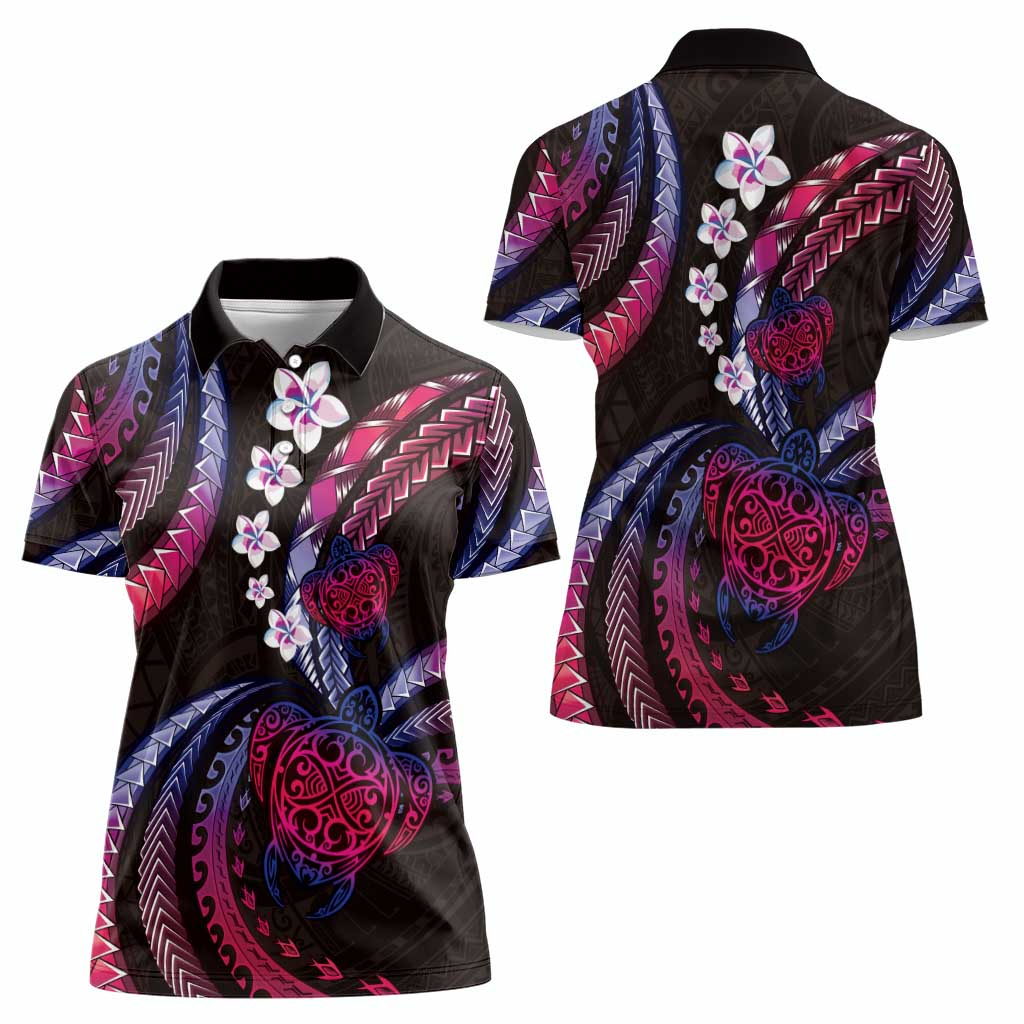 Hawaii Turtles Plumeria Women Polo Shirt Sweet Gradient Polynesian Pattern