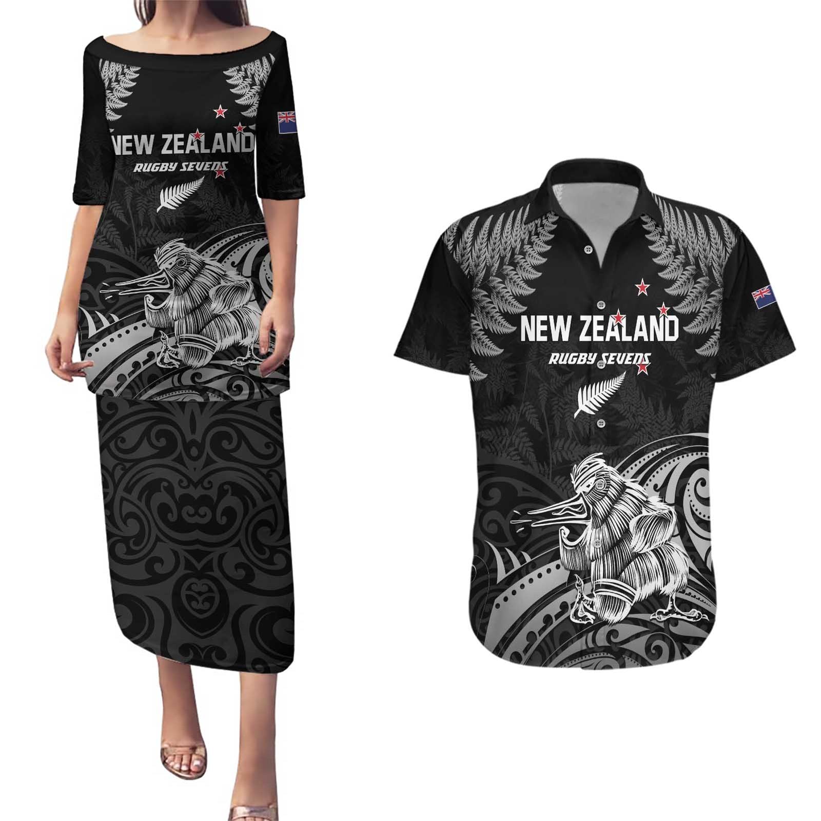 Custom New Zealand 2024 Rugby Couples Matching Puletasi and Hawaiian Shirt Silver Fern Aotearoa Kiwi