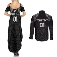 Custom New Zealand 2024 Rugby Couples Matching Summer Maxi Dress and Long Sleeve Button Shirt Silver Fern Aotearoa Kiwi