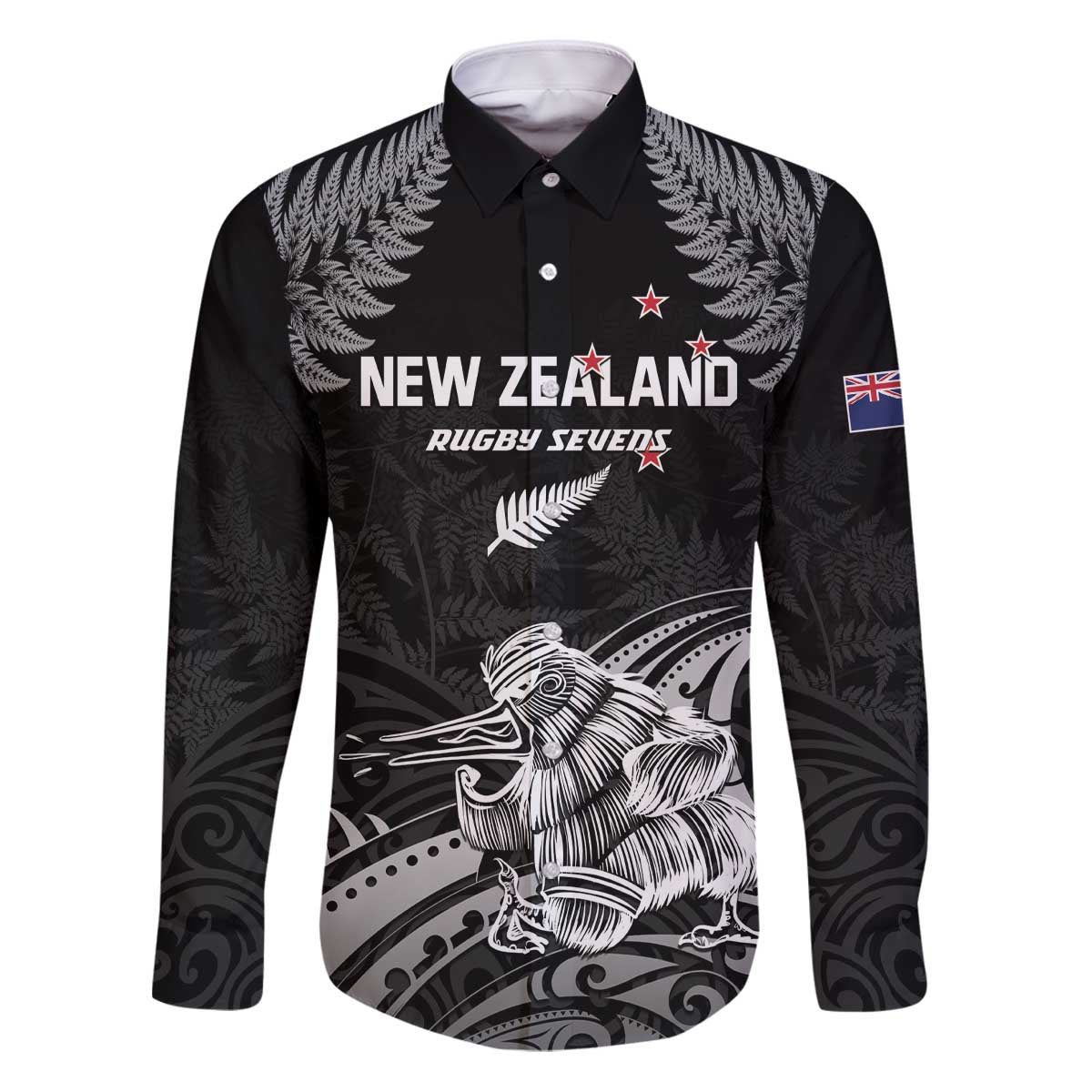 Custom New Zealand 2024 Rugby Family Matching Puletasi and Hawaiian Shirt Silver Fern Aotearoa Kiwi LT01 Dad's Shirt - Long Sleeve Black - Polynesian Pride