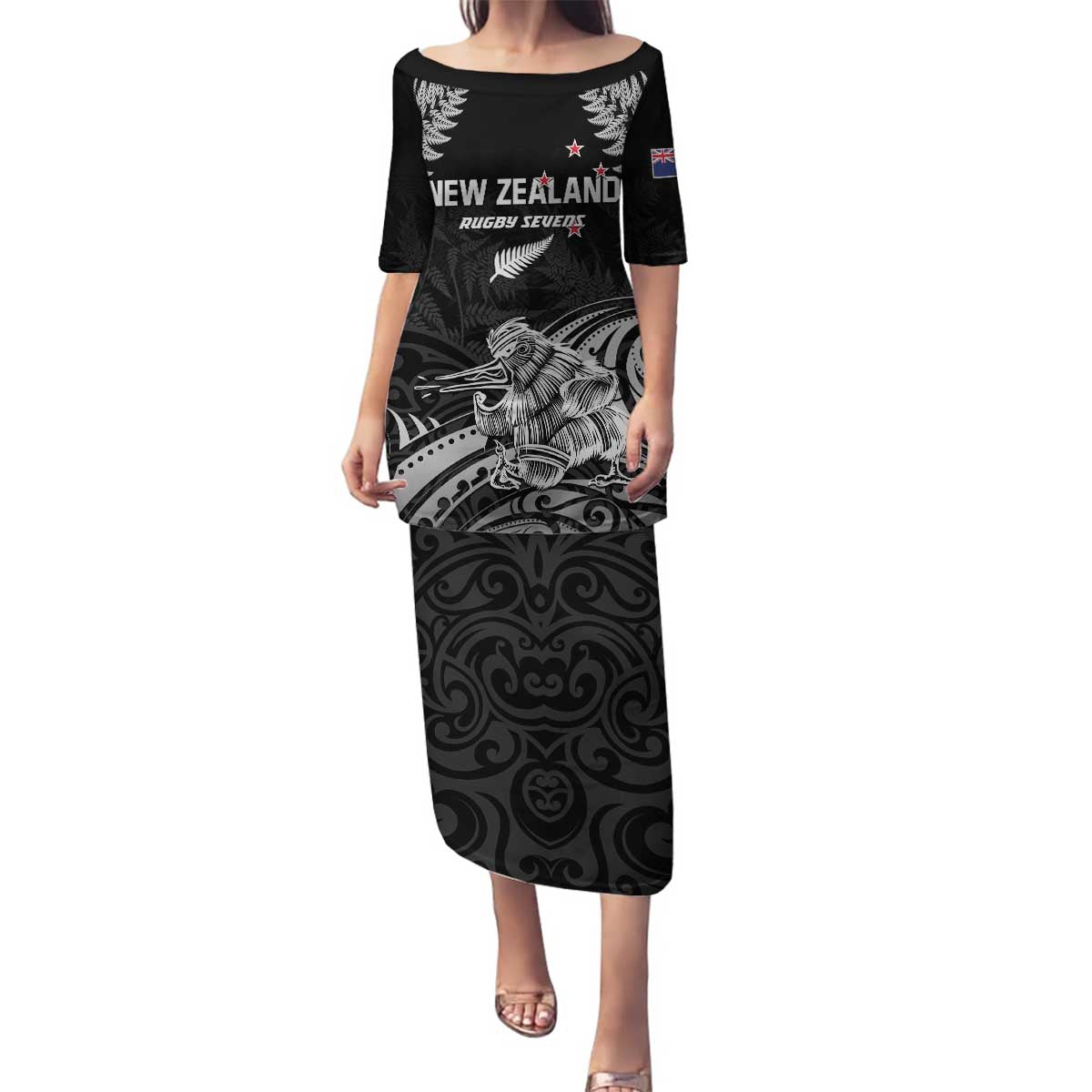 Custom New Zealand 2024 Rugby Family Matching Puletasi and Hawaiian Shirt Silver Fern Aotearoa Kiwi LT01 Mom's Dress Black - Polynesian Pride