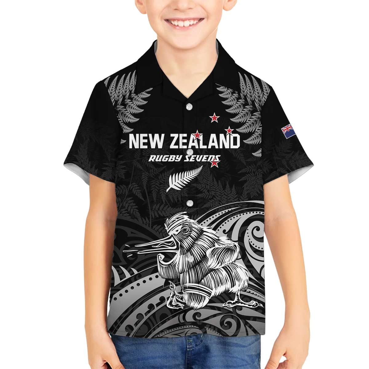 Custom New Zealand 2024 Rugby Family Matching Puletasi and Hawaiian Shirt Silver Fern Aotearoa Kiwi LT01 Son's Shirt Black - Polynesian Pride