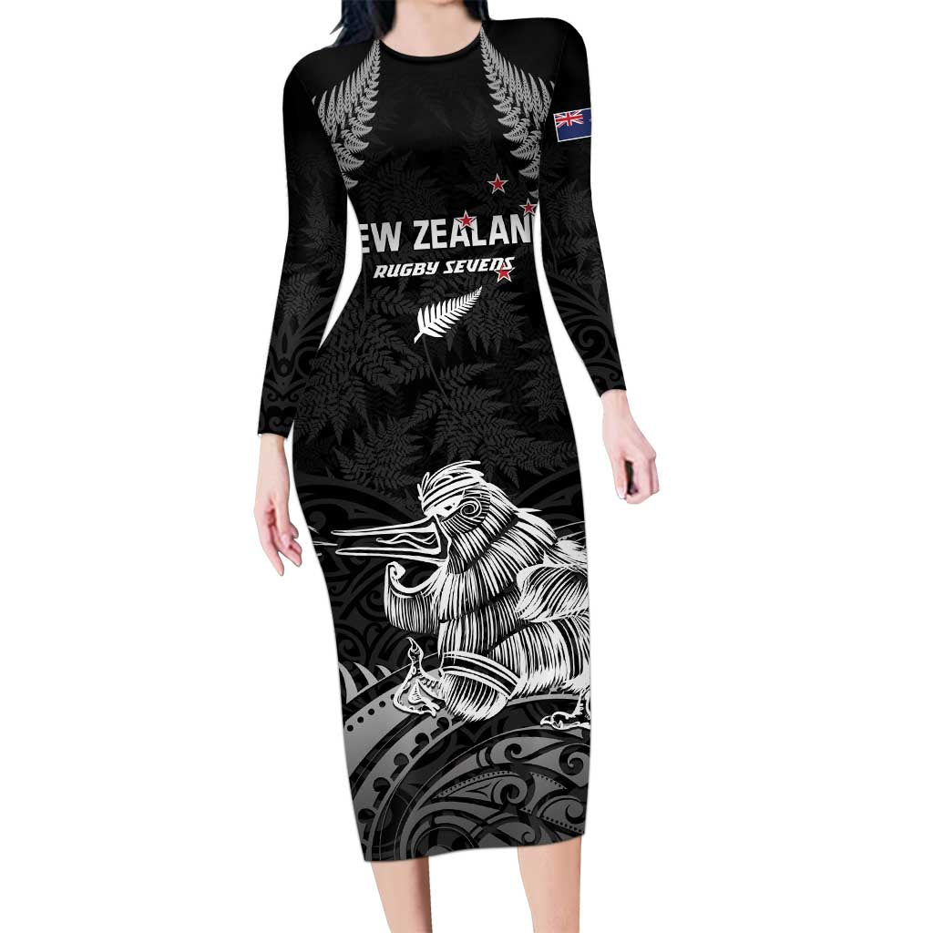 Custom New Zealand 2024 Rugby Long Sleeve Bodycon Dress Silver Fern Aotearoa Kiwi LT01 Long Dress Black - Polynesian Pride