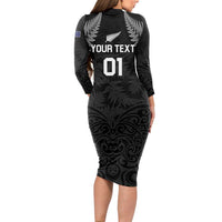 Custom New Zealand 2024 Rugby Long Sleeve Bodycon Dress Silver Fern Aotearoa Kiwi LT01 - Polynesian Pride