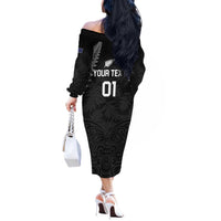Custom New Zealand 2024 Rugby Off The Shoulder Long Sleeve Dress Silver Fern Aotearoa Kiwi LT01 - Polynesian Pride