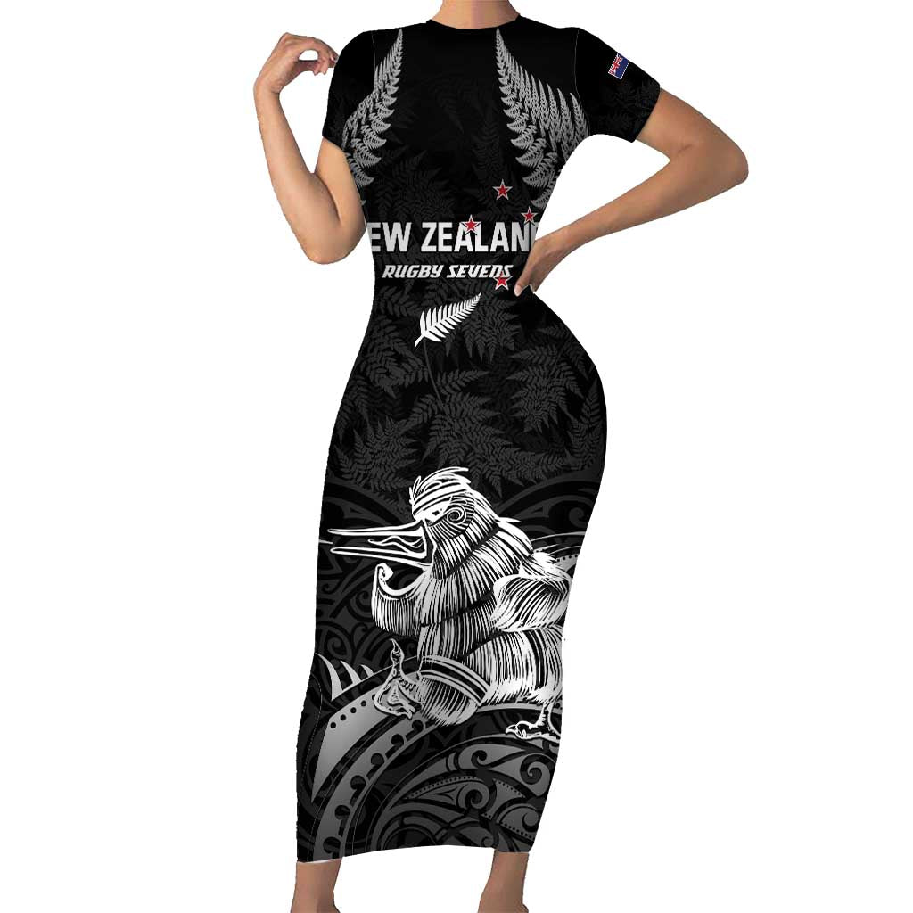 Custom New Zealand 2024 Rugby Short Sleeve Bodycon Dress Silver Fern Aotearoa Kiwi LT01 Long Dress Black - Polynesian Pride