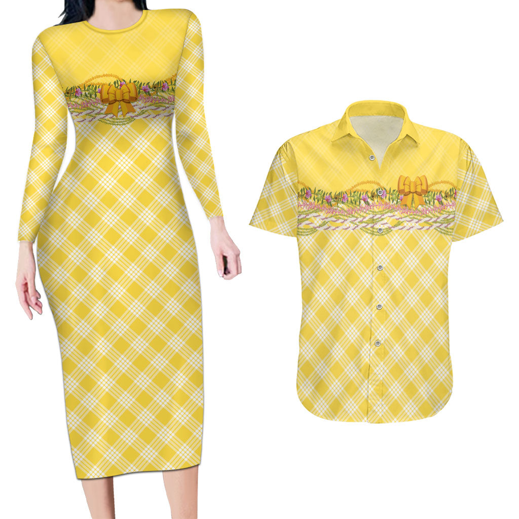 Hawaii Palaka Pikake Lokelani Plumeria Couples Matching Long Sleeve Bodycon Dress and Hawaiian Shirt Melemele Coquette Bow