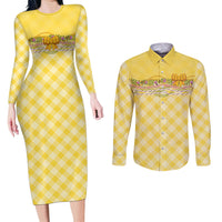 Hawaii Palaka Pikake Lokelani Plumeria Couples Matching Long Sleeve Bodycon Dress and Long Sleeve Button Shirt Melemele Coquette Bow