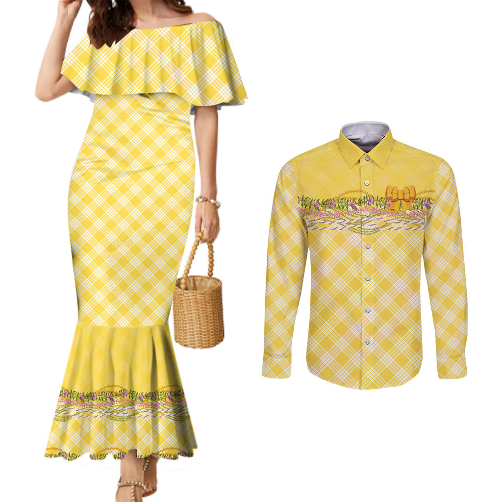 Hawaii Palaka Pikake Lokelani Plumeria Couples Matching Mermaid Dress and Long Sleeve Button Shirt Melemele Coquette Bow