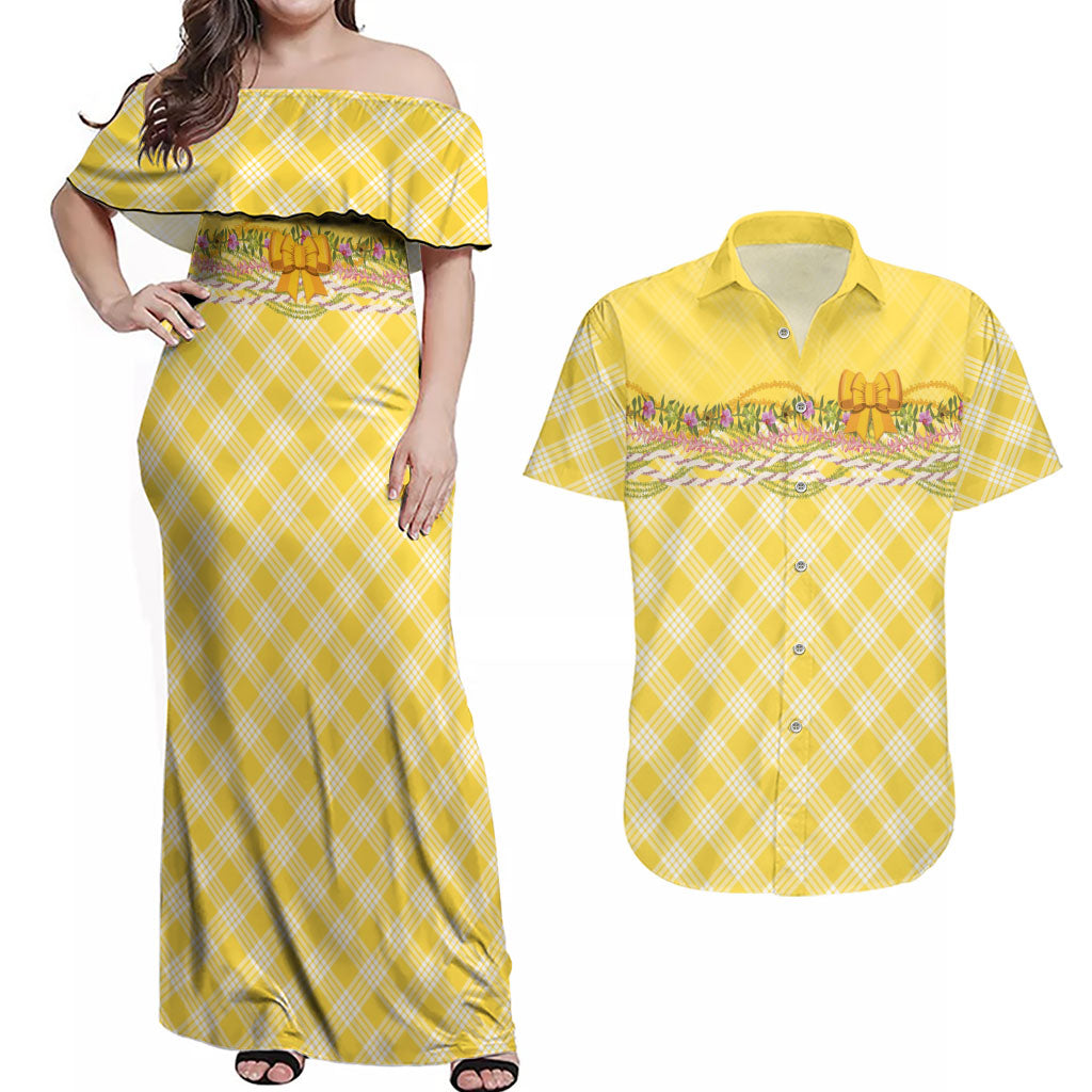 Hawaii Palaka Pikake Lokelani Plumeria Couples Matching Off Shoulder Maxi Dress and Hawaiian Shirt Melemele Coquette Bow