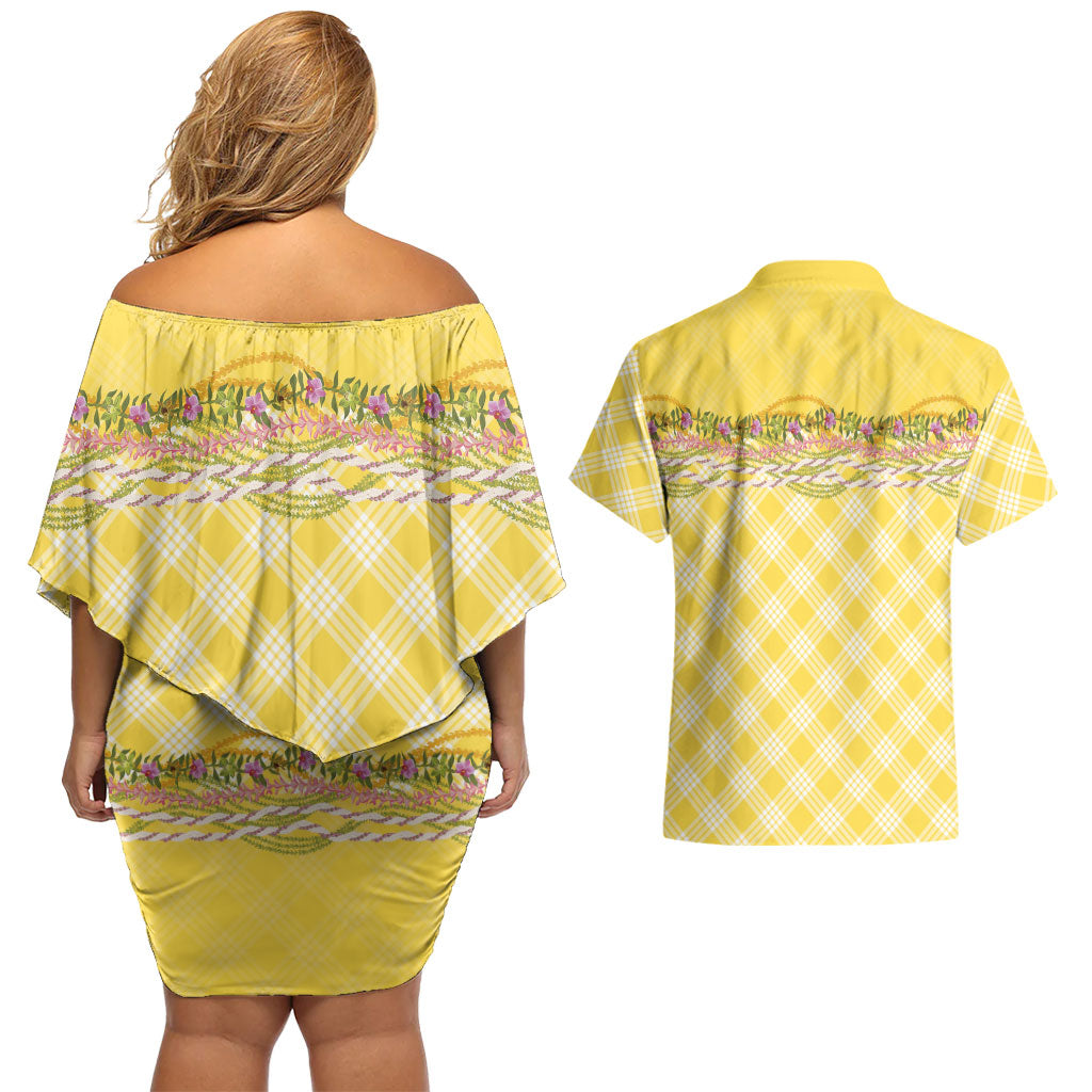 Hawaii Palaka Pikake Lokelani Plumeria Couples Matching Off Shoulder Short Dress and Hawaiian Shirt Melemele Coquette Bow