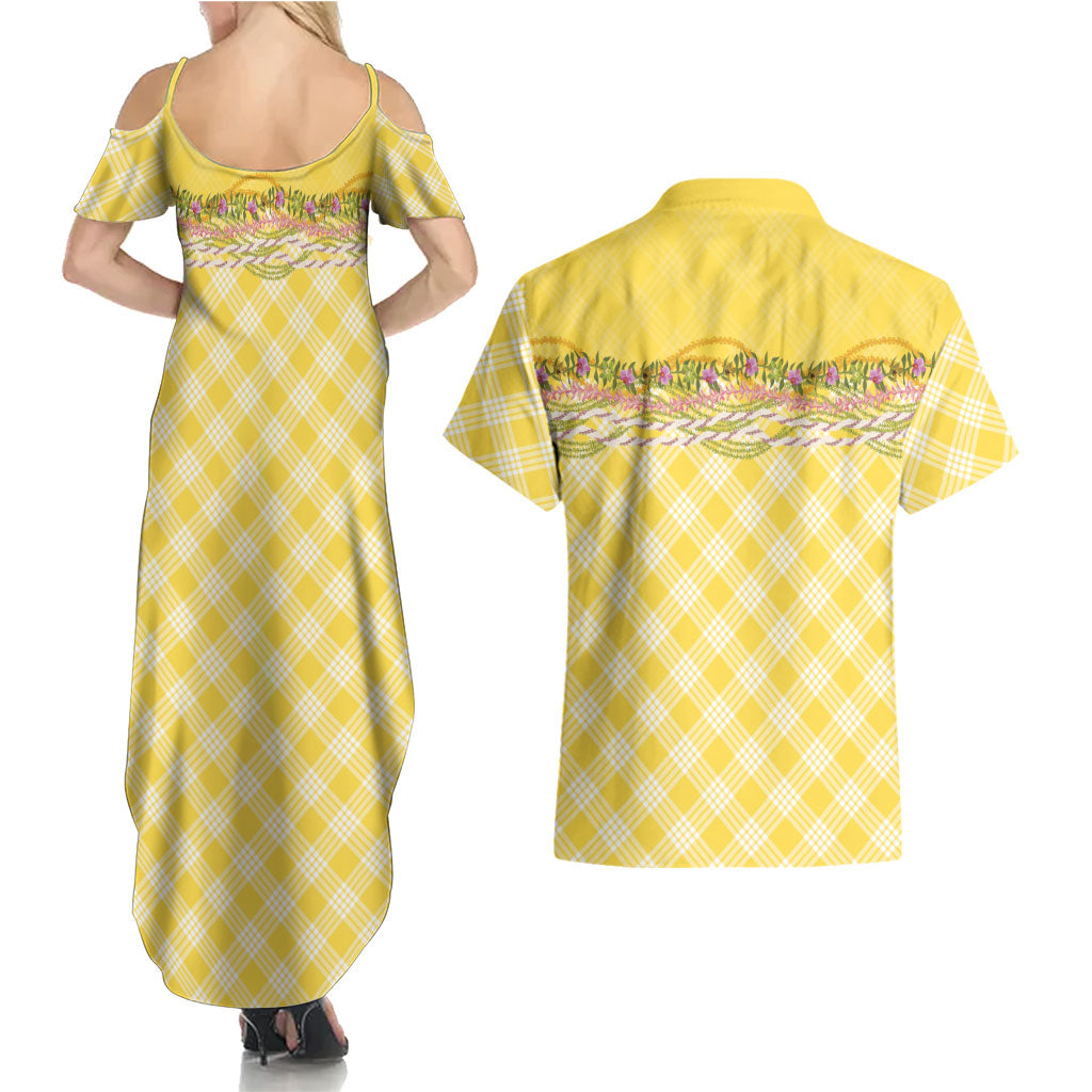 Hawaii Palaka Pikake Lokelani Plumeria Couples Matching Summer Maxi Dress and Hawaiian Shirt Melemele Coquette Bow