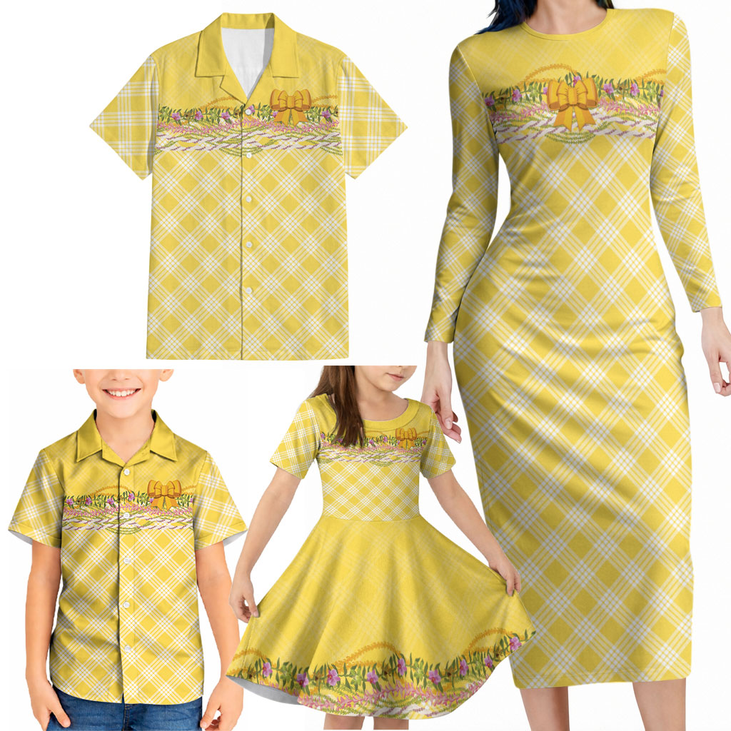 Hawaii Palaka Pikake Lokelani Plumeria Family Matching Long Sleeve Bodycon Dress and Hawaiian Shirt Melemele Coquette Bow LT01 - Polynesian Pride