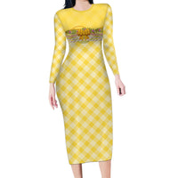 Hawaii Palaka Pikake Lokelani Plumeria Family Matching Long Sleeve Bodycon Dress and Hawaiian Shirt Melemele Coquette Bow LT01 Mom's Dress Yellow - Polynesian Pride