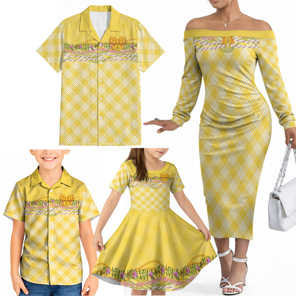 Hawaii Palaka Pikake Lokelani Plumeria Family Matching Off The Shoulder Long Sleeve Dress and Hawaiian Shirt Melemele Coquette Bow LT01 - Polynesian Pride