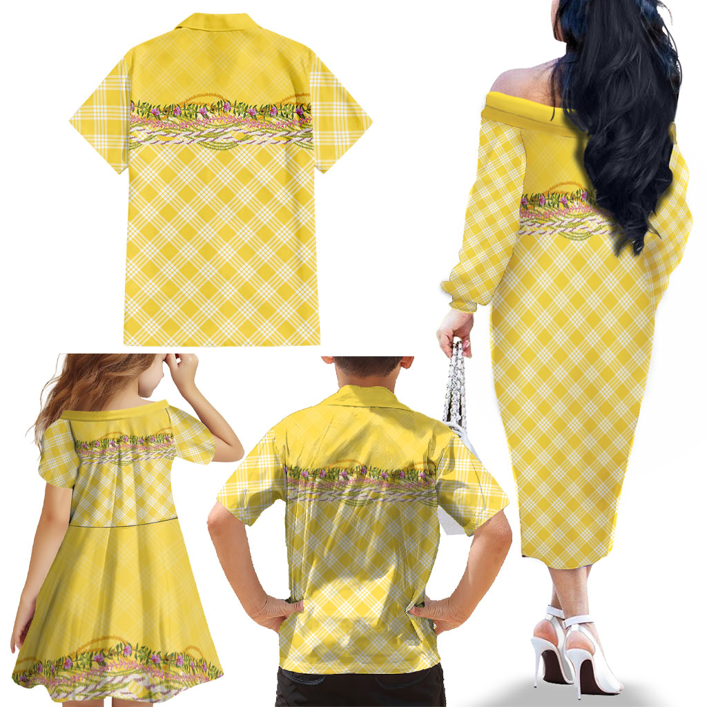 Hawaii Palaka Pikake Lokelani Plumeria Family Matching Off The Shoulder Long Sleeve Dress and Hawaiian Shirt Melemele Coquette Bow LT01 - Polynesian Pride