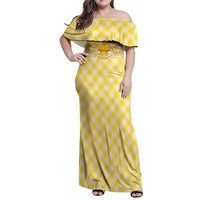 Hawaii Palaka Pikake Lokelani Plumeria Family Matching Off Shoulder Maxi Dress and Hawaiian Shirt Melemele Coquette Bow LT01 Mom's Dress Yellow - Polynesian Pride