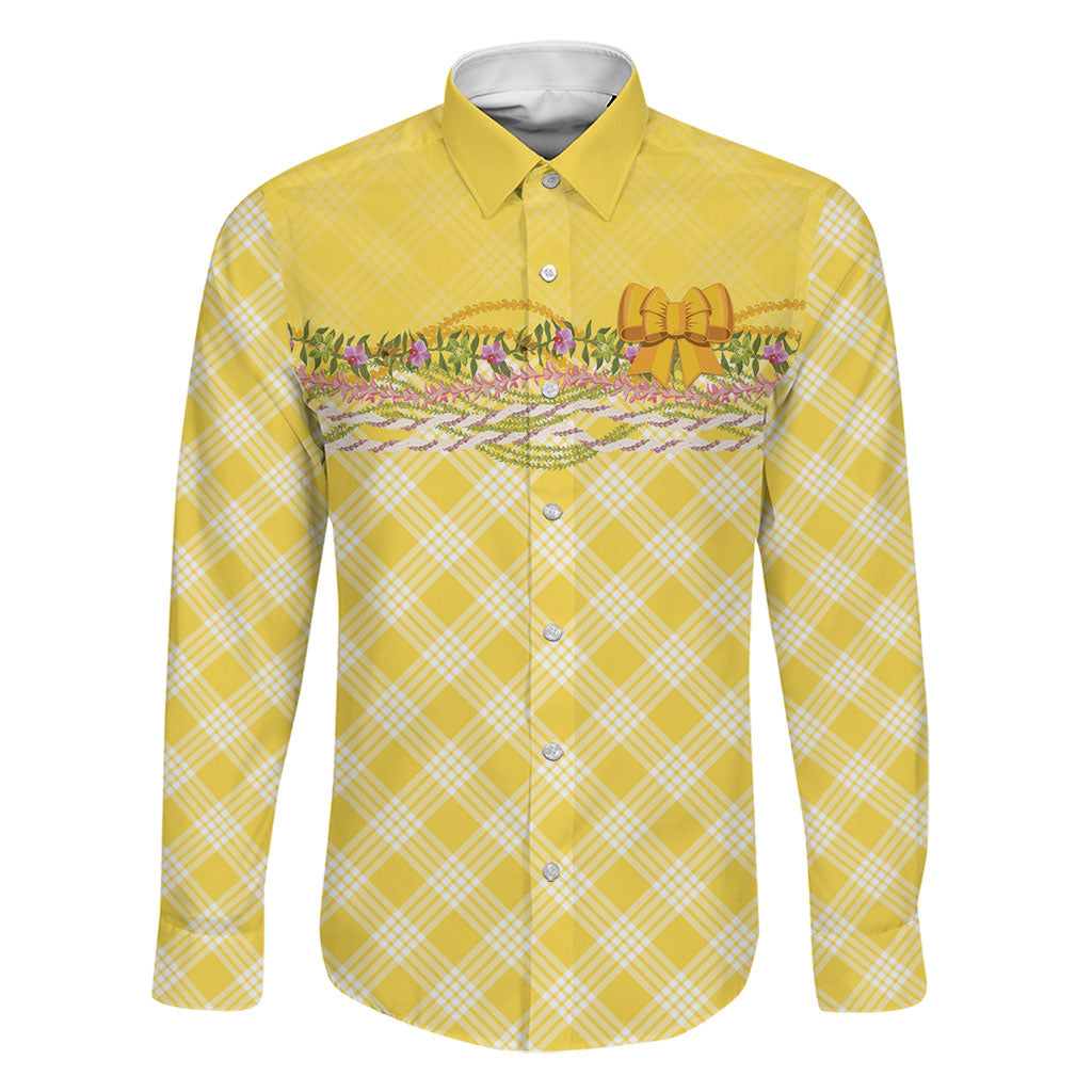 Hawaii Palaka Pikake Lokelani Plumeria Family Matching Off Shoulder Short Dress and Hawaiian Shirt Melemele Coquette Bow LT01 Dad's Shirt - Long Sleeve Yellow - Polynesian Pride