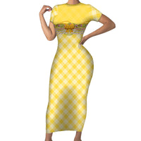 Hawaii Palaka Pikake Lokelani Plumeria Family Matching Short Sleeve Bodycon Dress and Hawaiian Shirt Melemele Coquette Bow LT01 Mom's Dress Yellow - Polynesian Pride