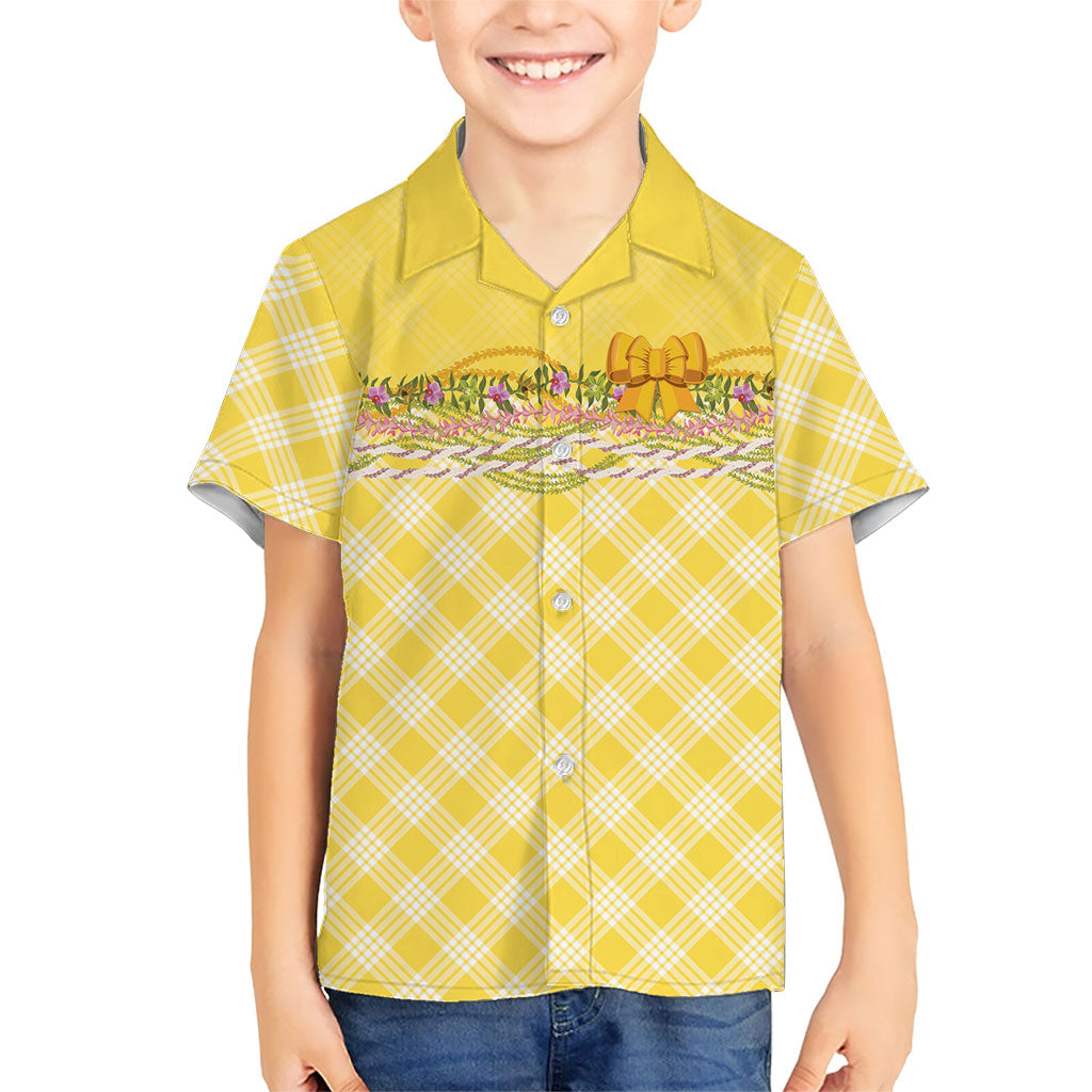 Hawaii Palaka Pikake Lokelani Plumeria Family Matching Short Sleeve Bodycon Dress and Hawaiian Shirt Melemele Coquette Bow LT01 Son's Shirt Yellow - Polynesian Pride