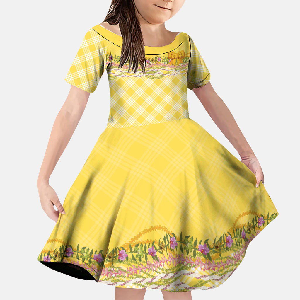 Hawaii Palaka Pikake Lokelani Plumeria Family Matching Summer Maxi Dress and Hawaiian Shirt Melemele Coquette Bow LT01 Daughter's Dress Yellow - Polynesian Pride