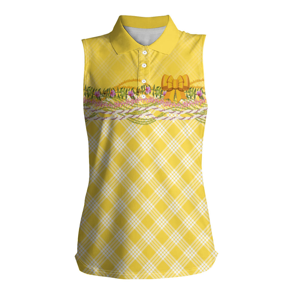 Hawaii Palaka Pikake Lokelani Plumeria Women Sleeveless Polo Shirt Melemele Coquette Bow