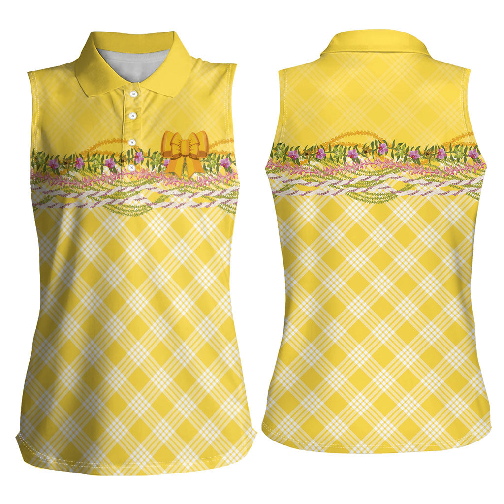 Hawaii Palaka Pikake Lokelani Plumeria Women Sleeveless Polo Shirt Melemele Coquette Bow