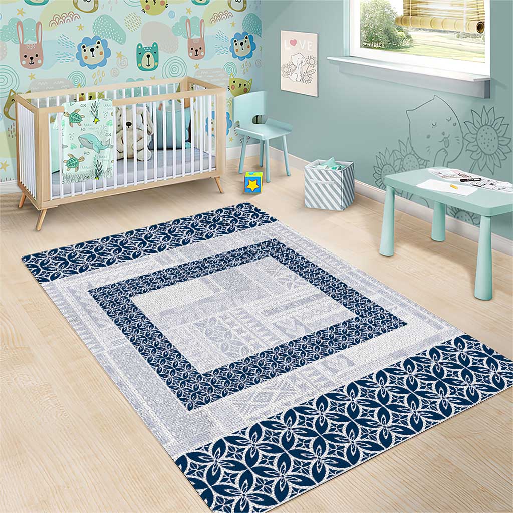 Samoa Siapo Blue Trimmed Area Rug Samoa White Sunday - Polynesian Pride