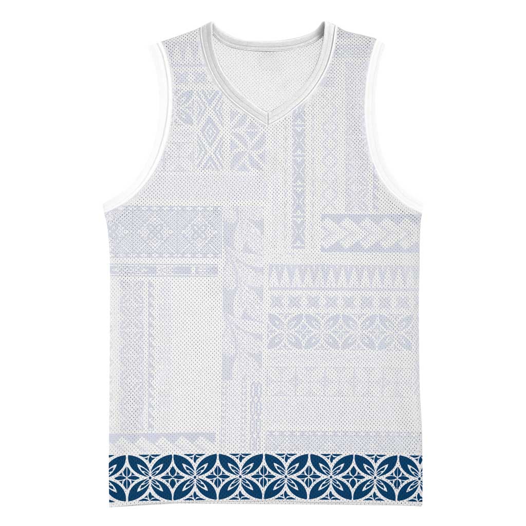 Samoa Siapo Blue Trimmed Basketball Jersey Samoa White Sunday - Polynesian Pride