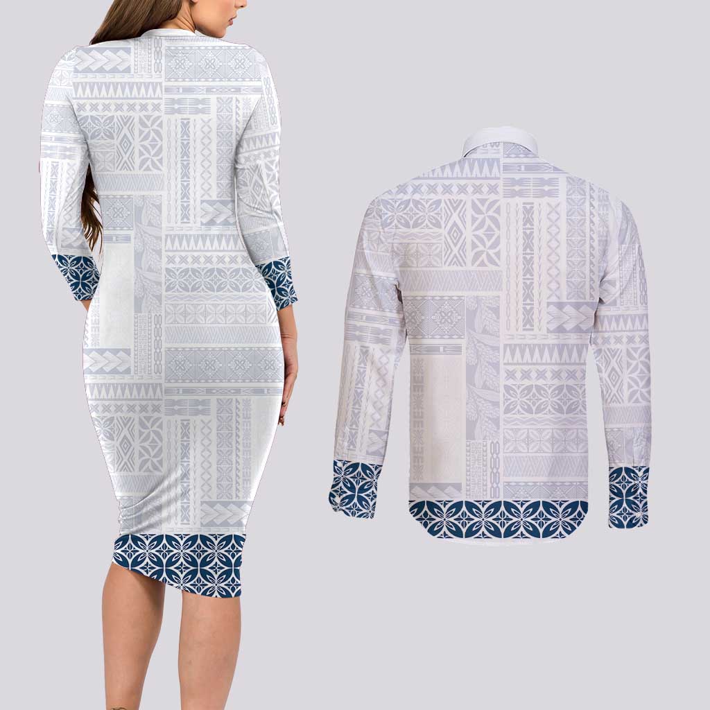 Samoa Siapo Blue Trimmed Couples Matching Long Sleeve Bodycon Dress and Long Sleeve Button Shirt Samoa White Sunday - Polynesian Pride