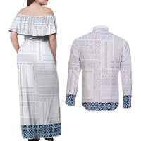 Samoa Siapo Blue Trimmed Couples Matching Off Shoulder Maxi Dress and Long Sleeve Button Shirt Samoa White Sunday - Polynesian Pride