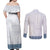 Samoa Siapo Blue Trimmed Couples Matching Off Shoulder Maxi Dress and Long Sleeve Button Shirt Samoa White Sunday - Polynesian Pride