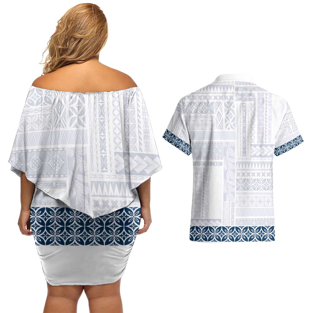Samoa Siapo Blue Trimmed Couples Matching Off Shoulder Short Dress and Hawaiian Shirt Samoa White Sunday - Polynesian Pride