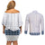Samoa Siapo Blue Trimmed Couples Matching Off Shoulder Short Dress and Long Sleeve Button Shirt Samoa White Sunday - Polynesian Pride