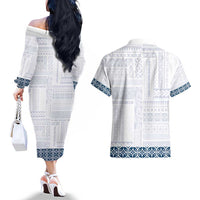 Samoa Siapo Blue Trimmed Couples Matching Off The Shoulder Long Sleeve Dress and Hawaiian Shirt Samoa White Sunday - Polynesian Pride
