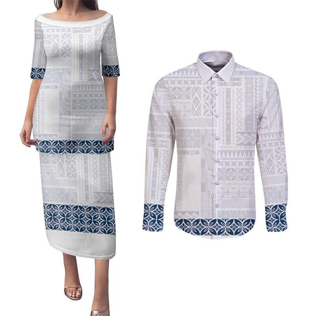 Samoa Siapo Blue Trimmed Couples Matching Puletasi and Long Sleeve Button Shirt Samoa White Sunday - Polynesian Pride