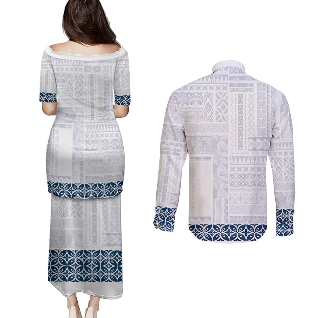 Samoa Siapo Blue Trimmed Couples Matching Puletasi and Long Sleeve Button Shirt Samoa White Sunday - Polynesian Pride