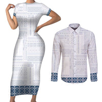 Samoa Siapo Blue Trimmed Couples Matching Short Sleeve Bodycon Dress and Long Sleeve Button Shirt Samoa White Sunday - Polynesian Pride