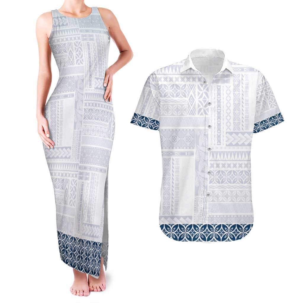 Samoa Siapo Blue Trimmed Couples Matching Tank Maxi Dress and Hawaiian Shirt Samoa White Sunday - Polynesian Pride