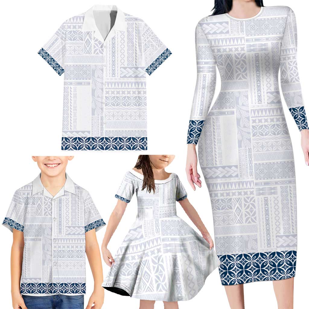 Samoa Siapo Blue Trimmed Family Matching Long Sleeve Bodycon Dress and Hawaiian Shirt Samoa White Sunday - Polynesian Pride
