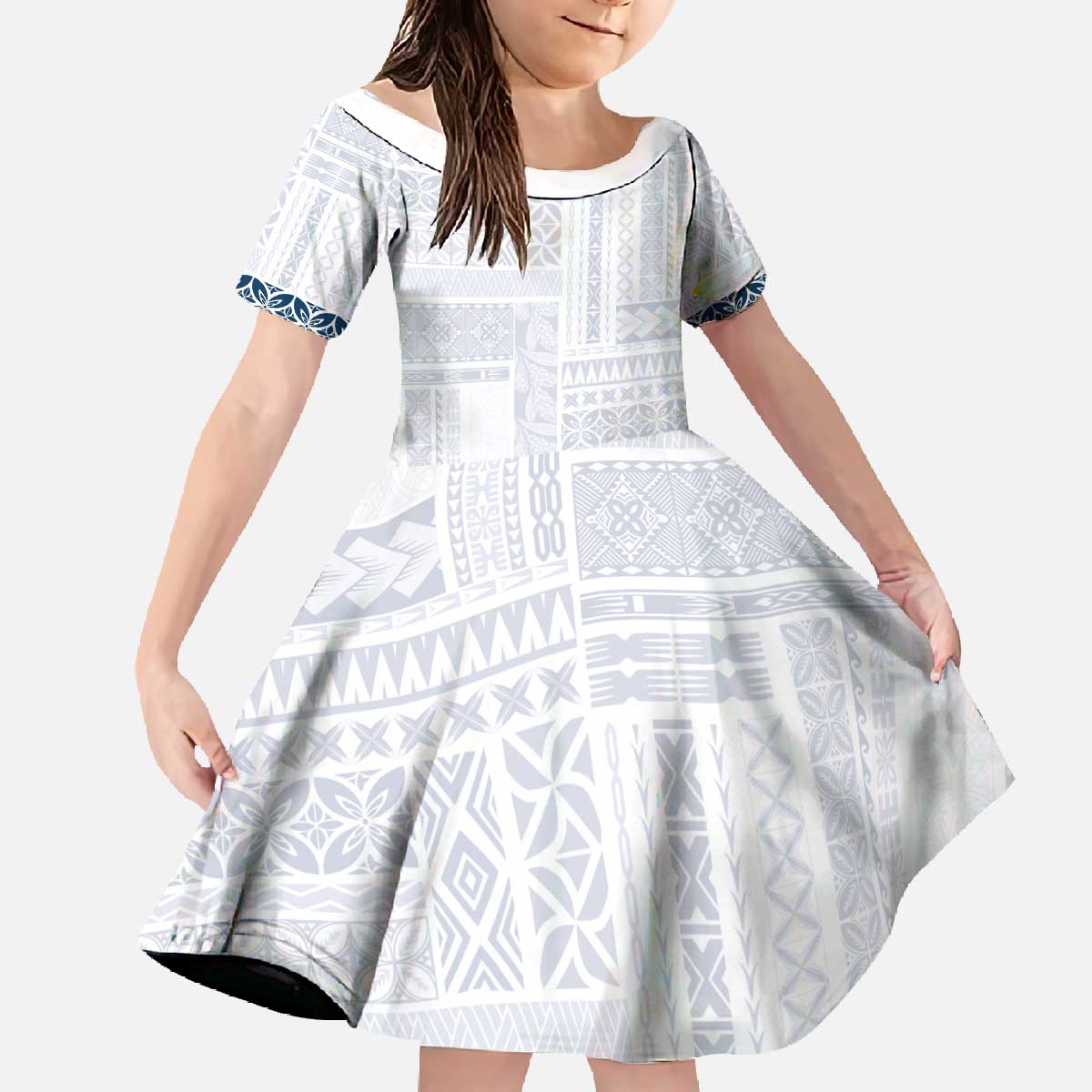 Samoa Siapo Blue Trimmed Family Matching Off The Shoulder Long Sleeve Dress and Hawaiian Shirt Samoa White Sunday - Polynesian Pride