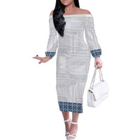 Samoa Siapo Blue Trimmed Family Matching Off The Shoulder Long Sleeve Dress and Hawaiian Shirt Samoa White Sunday - Polynesian Pride