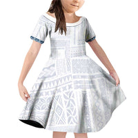 Samoa Siapo Blue Trimmed Family Matching Off Shoulder Short Dress and Hawaiian Shirt Samoa White Sunday - Polynesian Pride