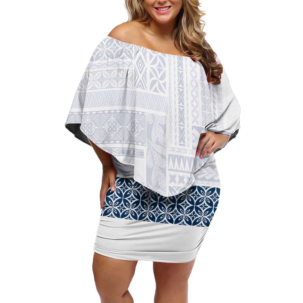 Samoa Siapo Blue Trimmed Family Matching Off Shoulder Short Dress and Hawaiian Shirt Samoa White Sunday - Polynesian Pride