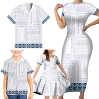 Samoa Siapo Blue Trimmed Family Matching Short Sleeve Bodycon Dress and Hawaiian Shirt Samoa White Sunday - Polynesian Pride