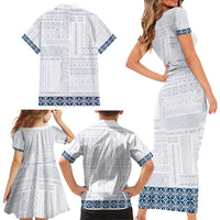 Samoa Siapo Blue Trimmed Family Matching Short Sleeve Bodycon Dress and Hawaiian Shirt Samoa White Sunday - Polynesian Pride