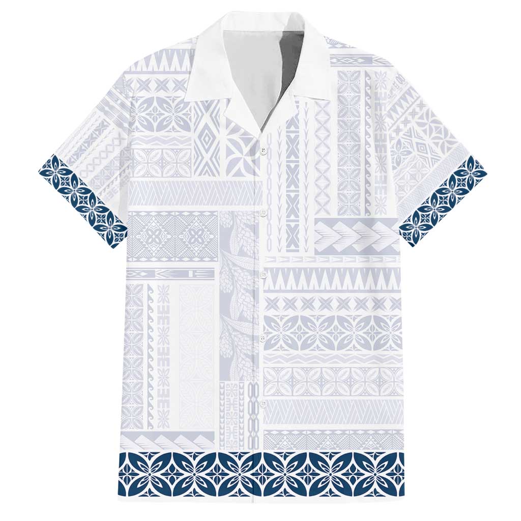 Samoa Siapo Blue Trimmed Family Matching Short Sleeve Bodycon Dress and Hawaiian Shirt Samoa White Sunday - Polynesian Pride
