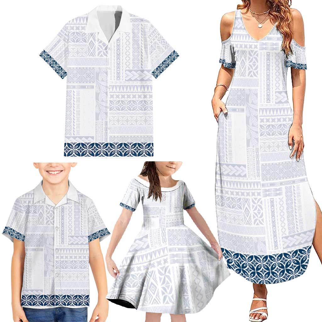 Samoa Siapo Blue Trimmed Family Matching Summer Maxi Dress and Hawaiian Shirt Samoa White Sunday - Polynesian Pride