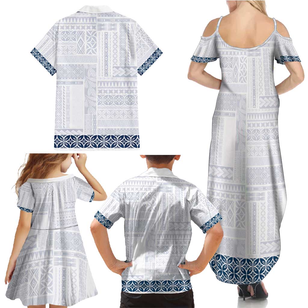 Samoa Siapo Blue Trimmed Family Matching Summer Maxi Dress and Hawaiian Shirt Samoa White Sunday - Polynesian Pride