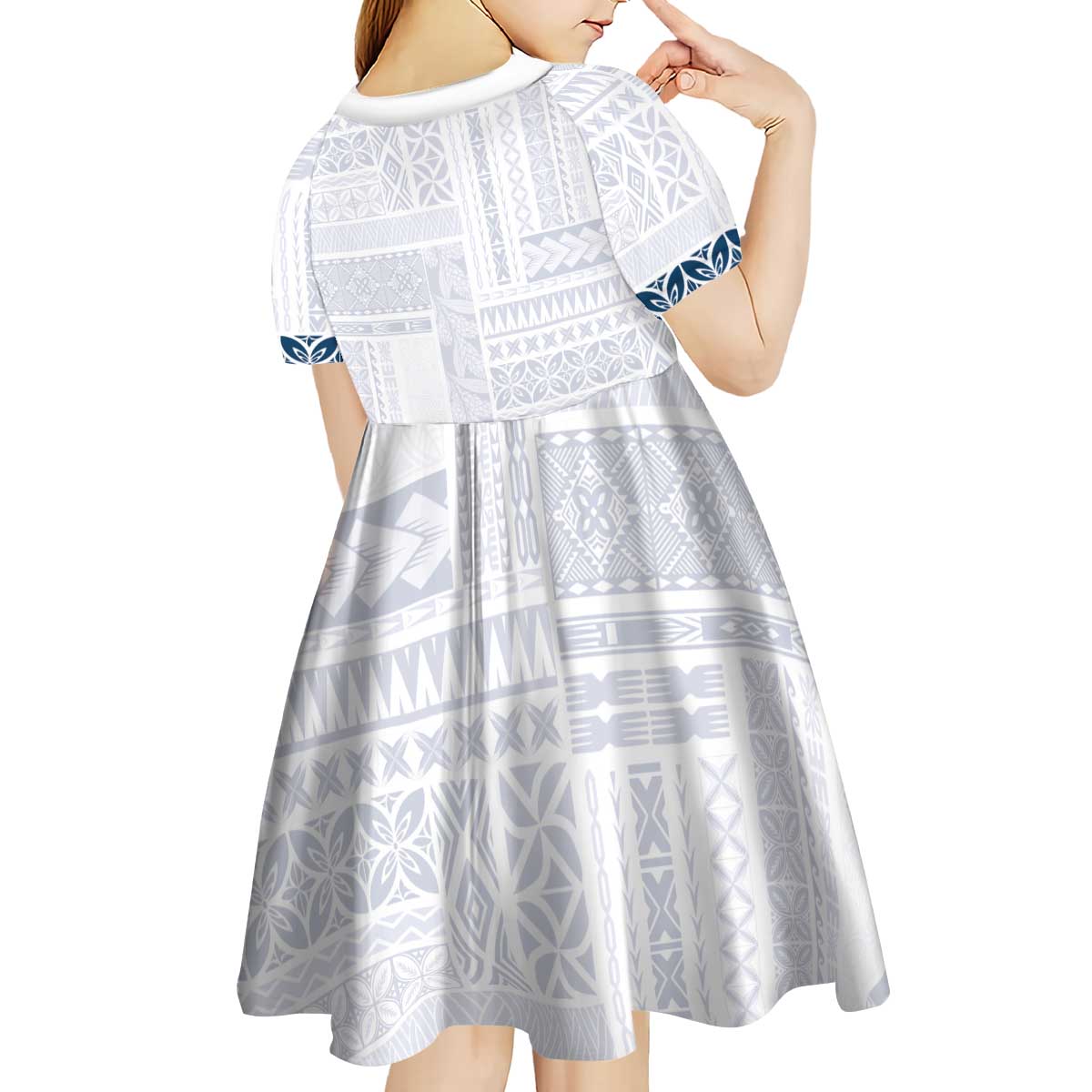 Samoa Siapo Blue Trimmed Kid Short Sleeve Dress Samoa White Sunday - Polynesian Pride